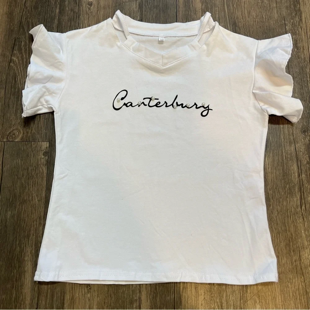 Girls Canterbury White Top With ruffle Short Sleeves Size 10